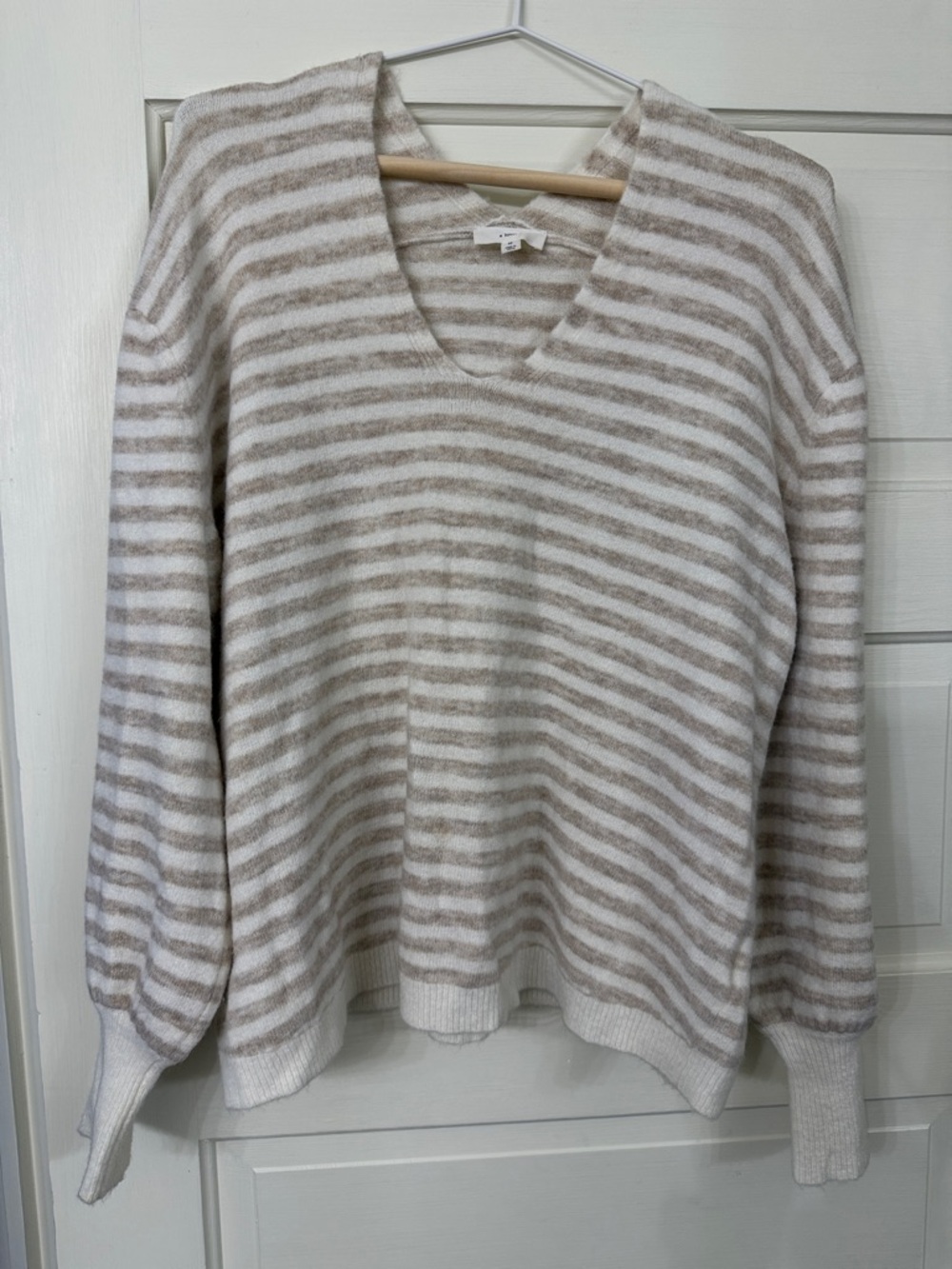 Striped V-Neck Sweater in Cream & Tan